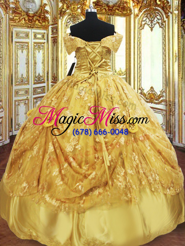 wholesale floor length gold quinceanera gown strapless sleeveless lace up