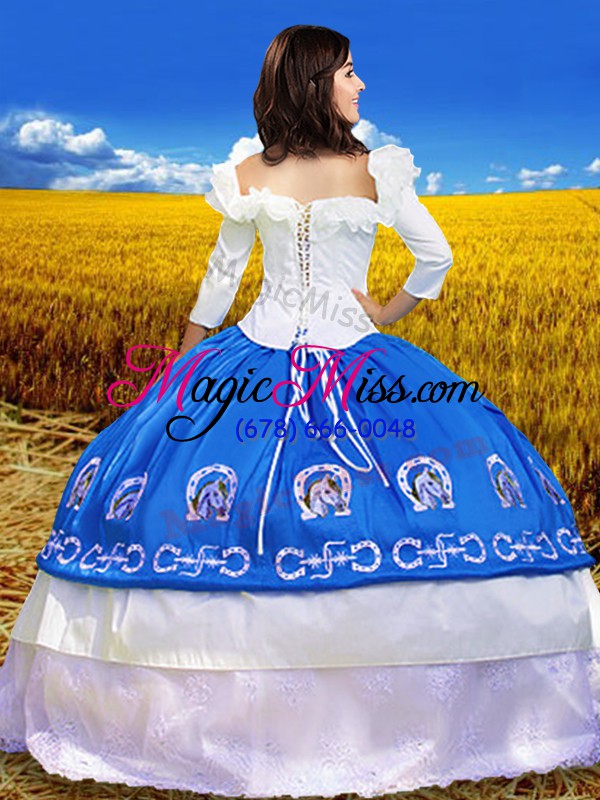 wholesale glittering blue 3 4 length sleeve floor length embroidery lace up sweet 16 dress