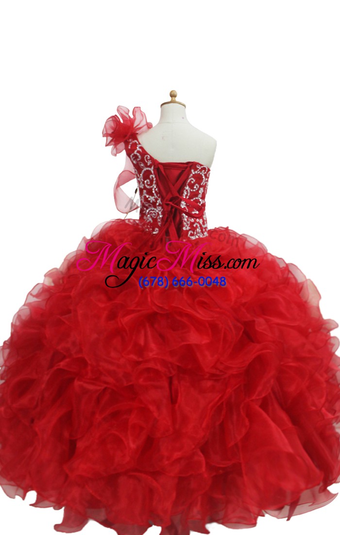 wholesale super organza one shoulder sleeveless lace up beading and ruffles little girls pageant gowns in orange red