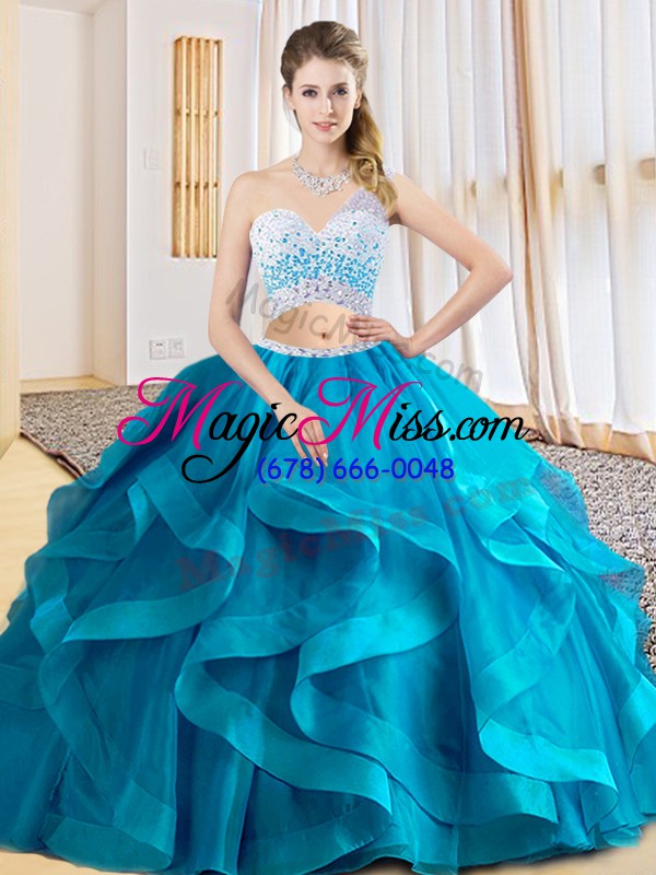 wholesale baby blue tulle criss cross one shoulder sleeveless floor length quinceanera gown beading and ruffles