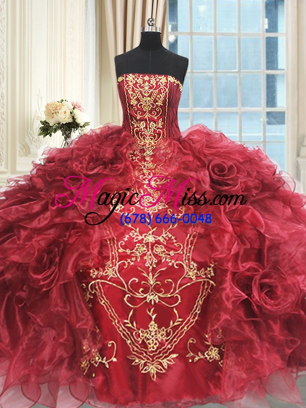 wholesale hot sale floor length wine red quinceanera dresses strapless sleeveless lace up