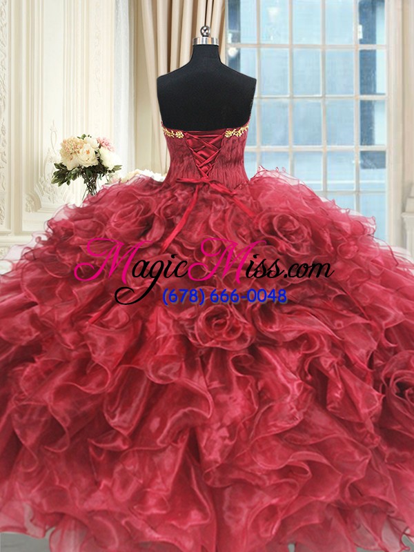 wholesale hot sale floor length wine red quinceanera dresses strapless sleeveless lace up