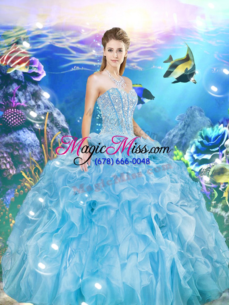 wholesale floor length aqua blue quinceanera gowns organza sleeveless beading and ruffles