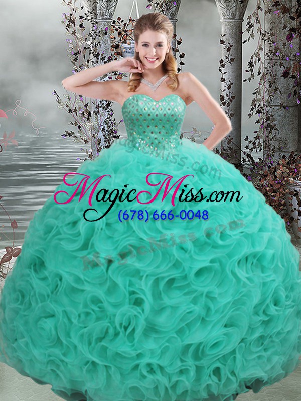 wholesale high quality sleeveless fabric with rolling flowers brush train lace up 15th birthday dress in turquoise with beading