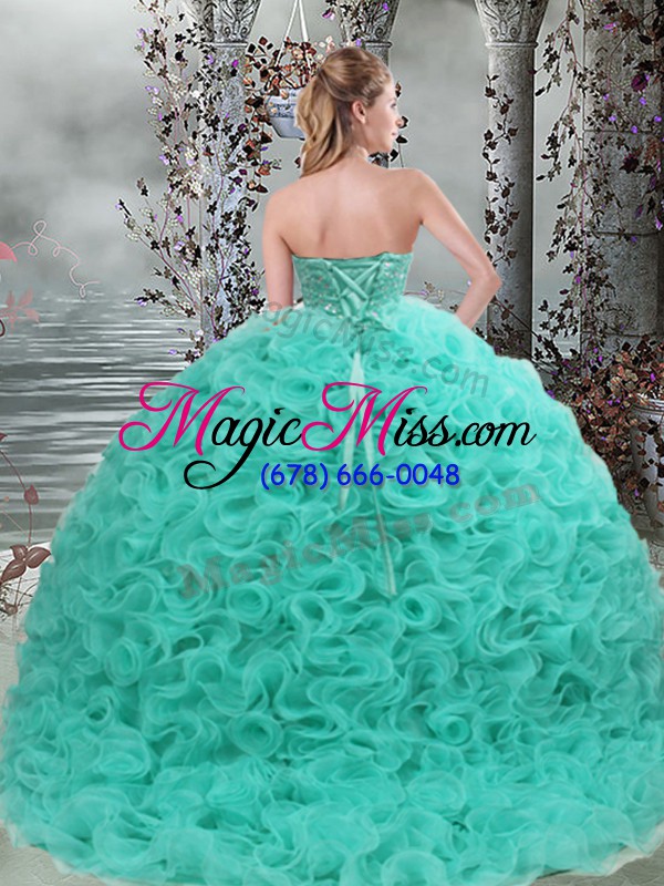 wholesale high quality sleeveless fabric with rolling flowers brush train lace up 15th birthday dress in turquoise with beading