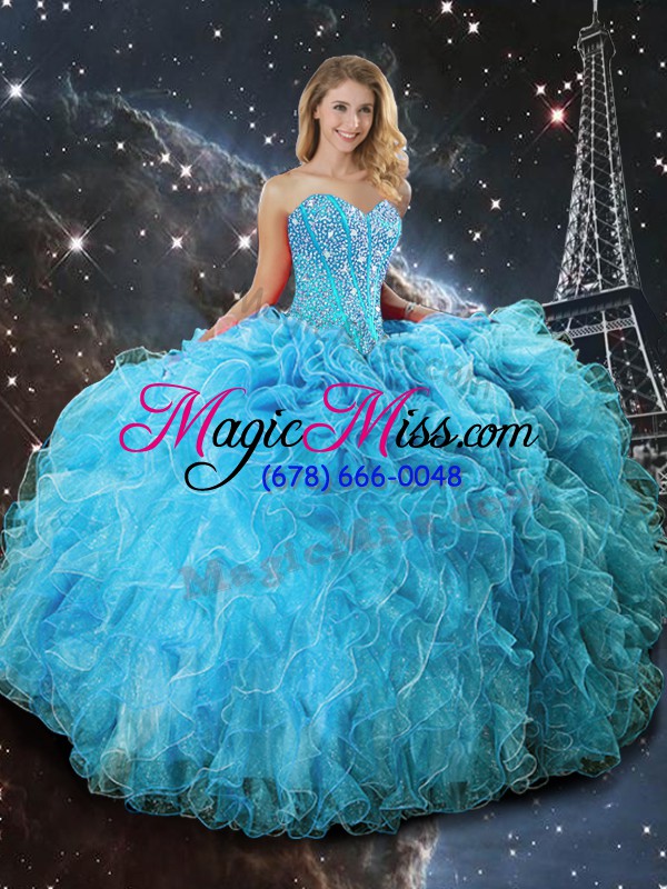 wholesale floor length lace up quince ball gowns aqua blue for military ball and sweet 16 and quinceanera with beading and ruffles