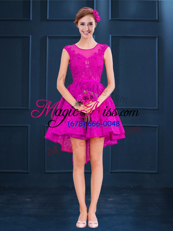 wholesale simple high low a-line sleeveless fuchsia bridesmaid dress lace up