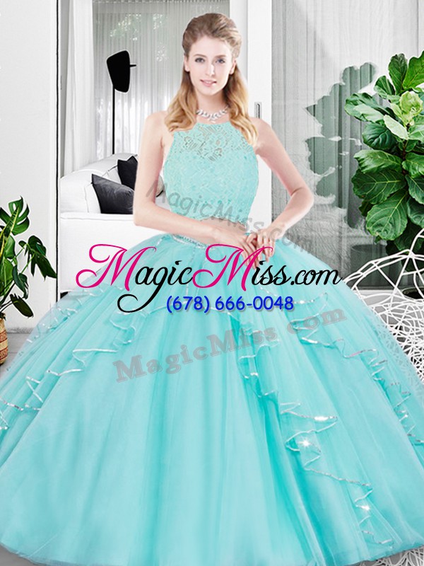 wholesale classical aqua blue sleeveless lace and ruffled layers floor length quinceanera gowns