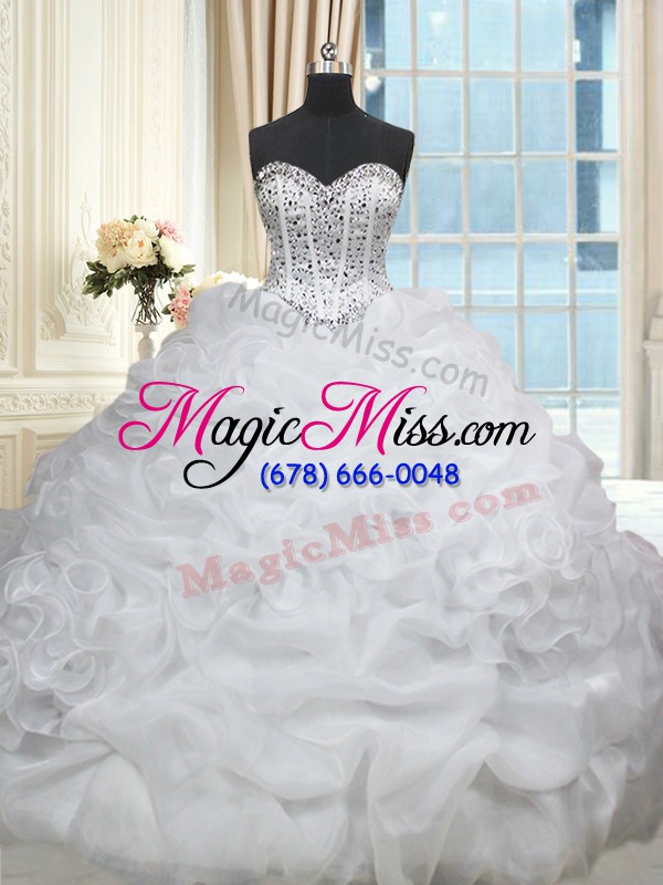 wholesale lovely white sleeveless brush train beading and pick ups quinceanera gown