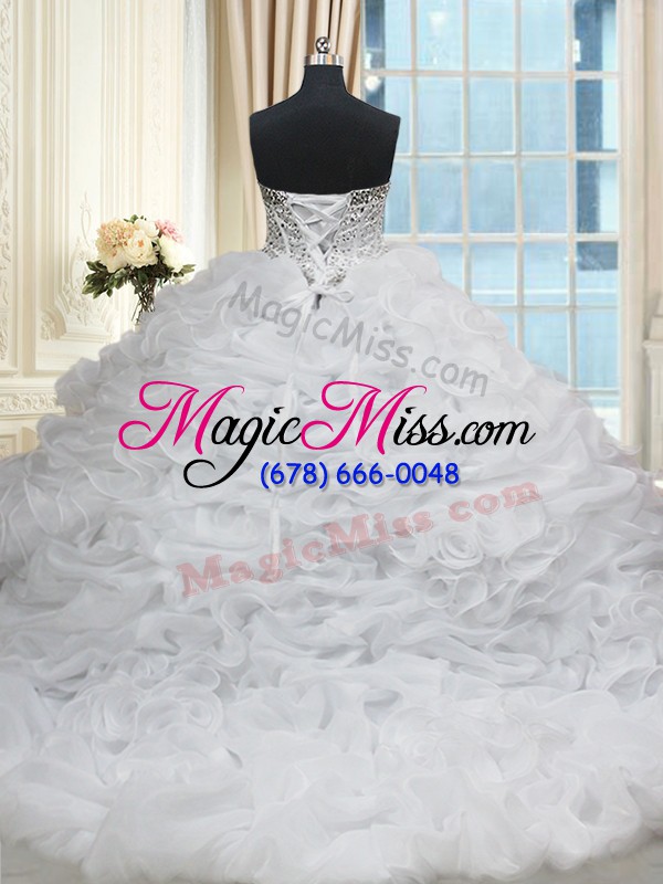 wholesale lovely white sleeveless brush train beading and pick ups quinceanera gown