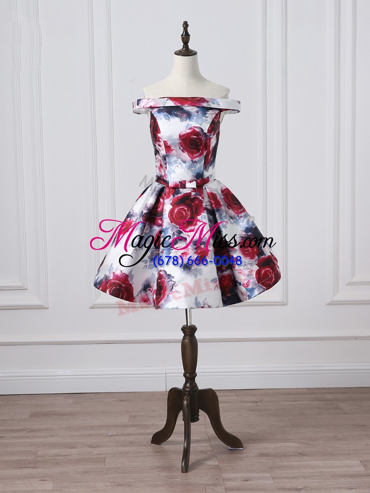 wholesale stylish multi-color printed lace up off the shoulder sleeveless mini length prom dresses ruching