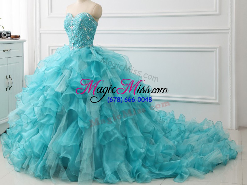 wholesale sleeveless brush train beading and ruffles lace up sweet 16 dress