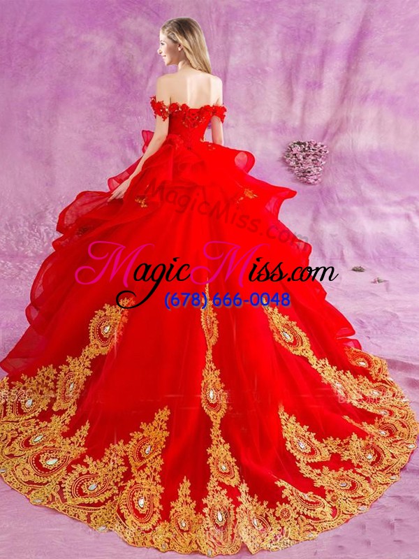 wholesale luxury court train ball gowns 15 quinceanera dress red off the shoulder tulle sleeveless lace up