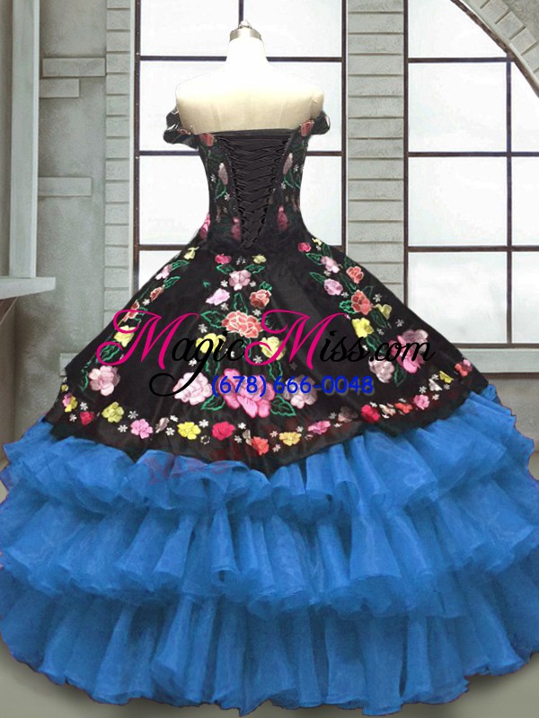 wholesale organza and taffeta sweetheart sleeveless lace up embroidery and ruffled layers sweet 16 dress in blue and black