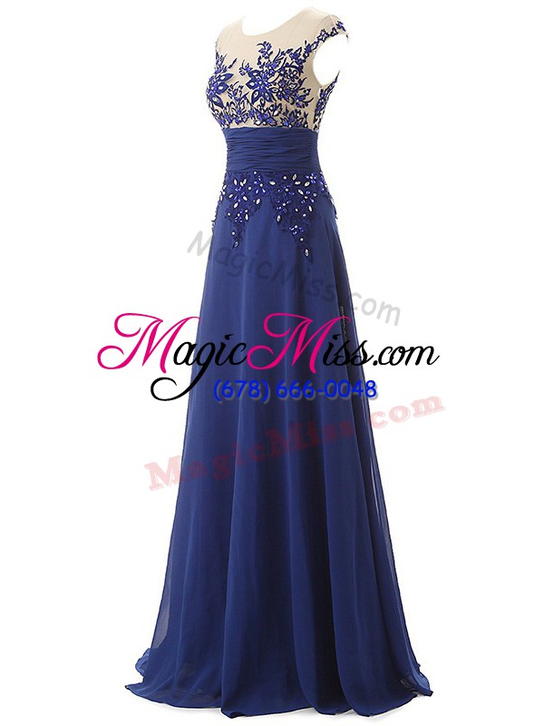 wholesale high class blue sleeveless floor length lace and appliques and ruching zipper prom evening gown