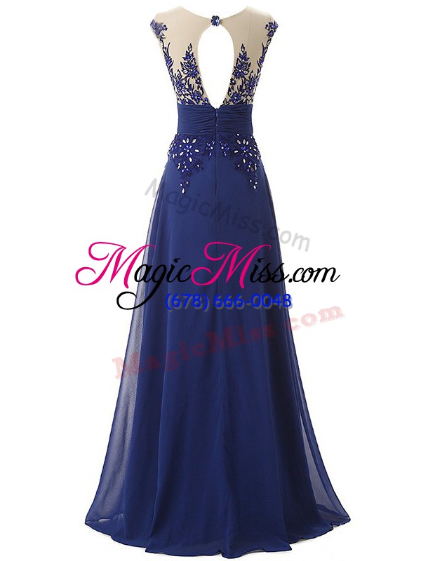 wholesale high class blue sleeveless floor length lace and appliques and ruching zipper prom evening gown