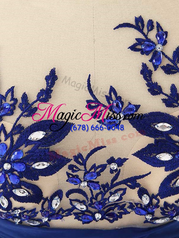 wholesale high class blue sleeveless floor length lace and appliques and ruching zipper prom evening gown