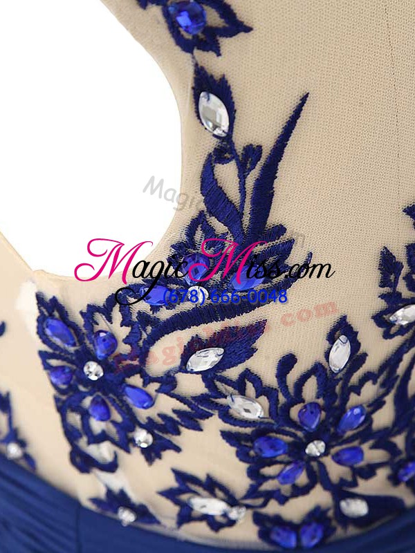 wholesale high class blue sleeveless floor length lace and appliques and ruching zipper prom evening gown