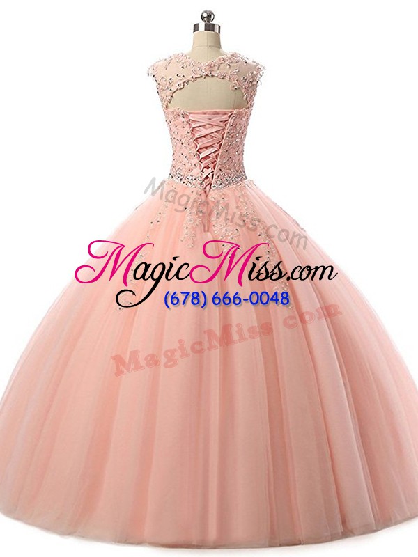 wholesale luxury champagne scoop neckline beading and lace quinceanera dress sleeveless lace up