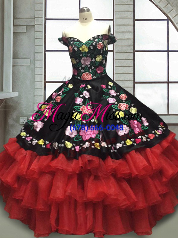 wholesale chic red and black ball gowns embroidery and ruffled layers 15th birthday dress lace up organza and taffeta sleeveless floor length