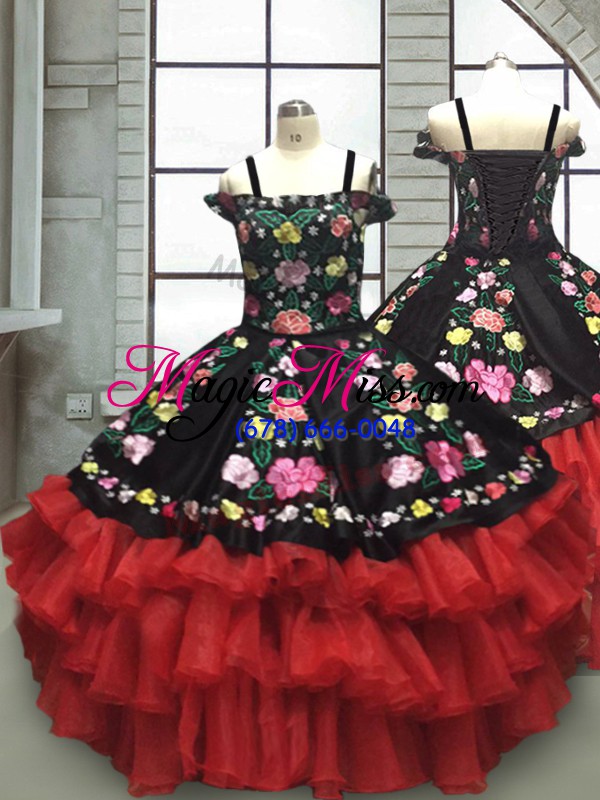 wholesale chic red and black ball gowns embroidery and ruffled layers 15th birthday dress lace up organza and taffeta sleeveless floor length