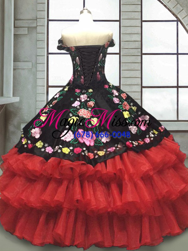 wholesale chic red and black ball gowns embroidery and ruffled layers 15th birthday dress lace up organza and taffeta sleeveless floor length