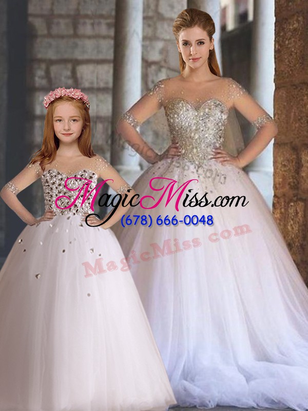 wholesale great white tulle lace up scoop half sleeves floor length sweet 16 dress beading