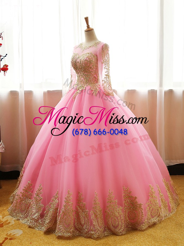 wholesale unique pink ball gowns organza scoop long sleeves appliques floor length lace up quinceanera gowns