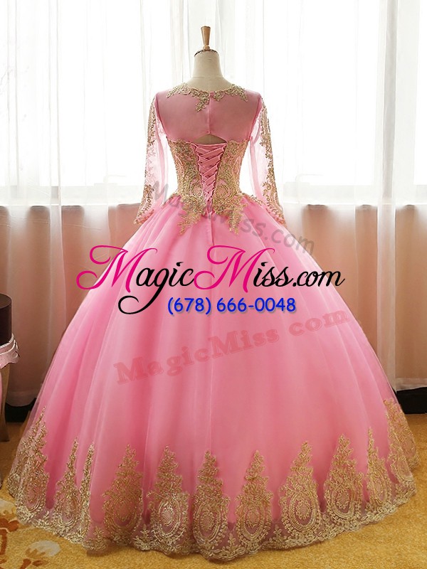 wholesale unique pink ball gowns organza scoop long sleeves appliques floor length lace up quinceanera gowns