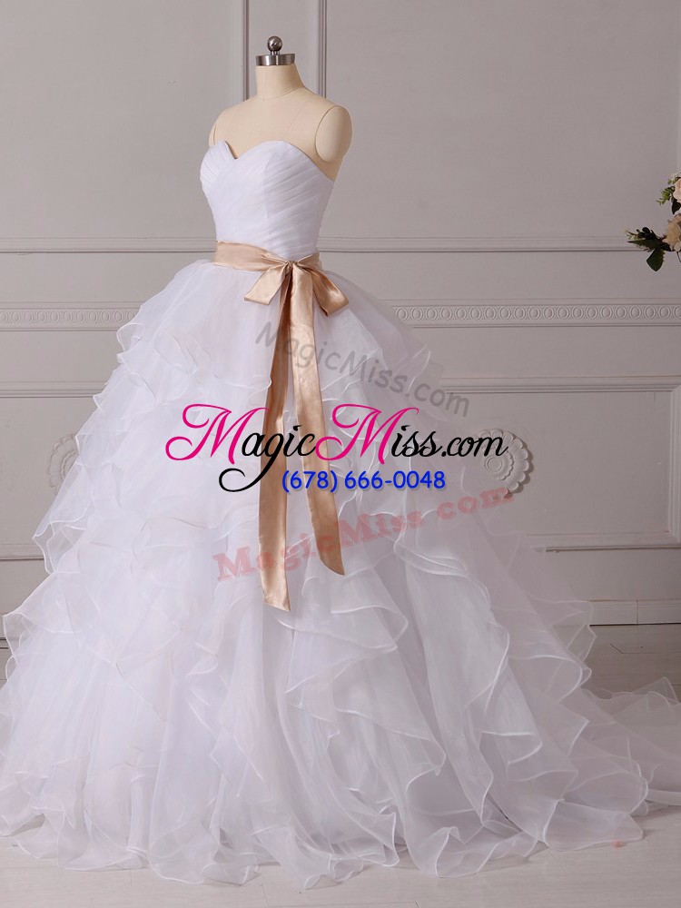 wholesale on sale organza sweetheart sleeveless brush train lace up beading and ruffles and sashes ribbons wedding gowns in white