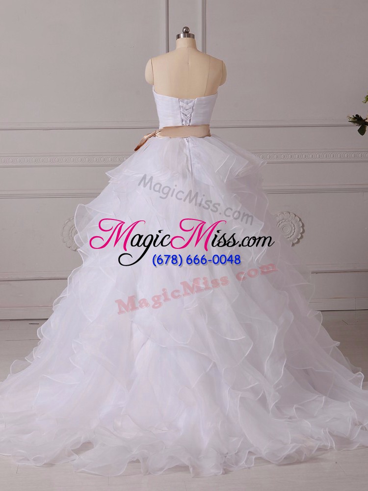 wholesale on sale organza sweetheart sleeveless brush train lace up beading and ruffles and sashes ribbons wedding gowns in white