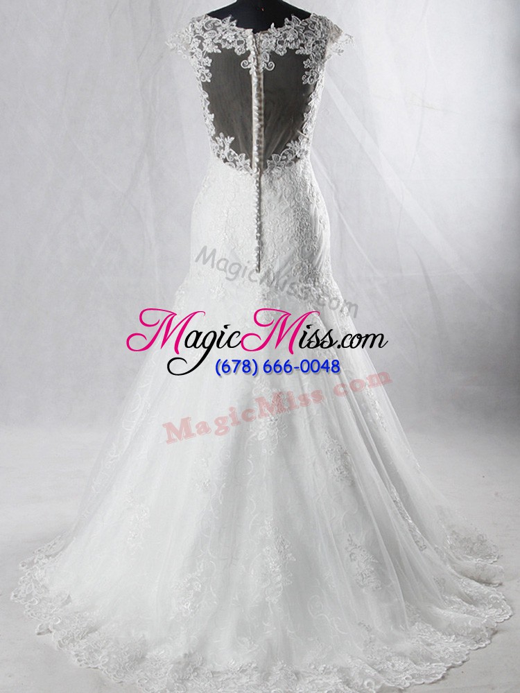 wholesale smart white cap sleeves brush train beading and lace bridal gown