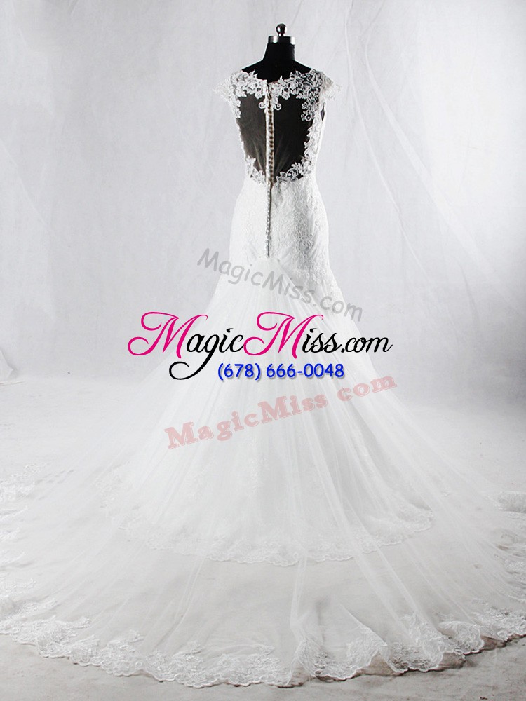 wholesale smart white cap sleeves brush train beading and lace bridal gown