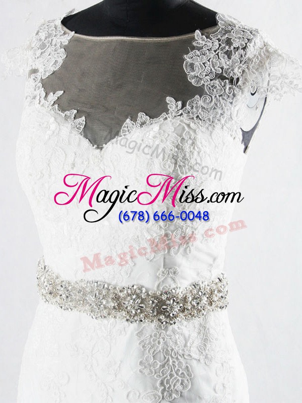 wholesale smart white cap sleeves brush train beading and lace bridal gown