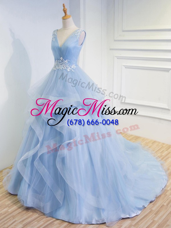 wholesale ideal light blue a-line tulle v-neck sleeveless beading and ruffles floor length lace up prom gown brush train