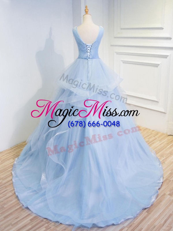 wholesale ideal light blue a-line tulle v-neck sleeveless beading and ruffles floor length lace up prom gown brush train