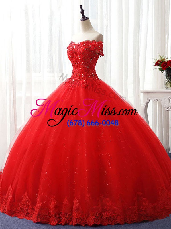 wholesale fashion off the shoulder sleeveless lace up sweet 16 quinceanera dress red tulle