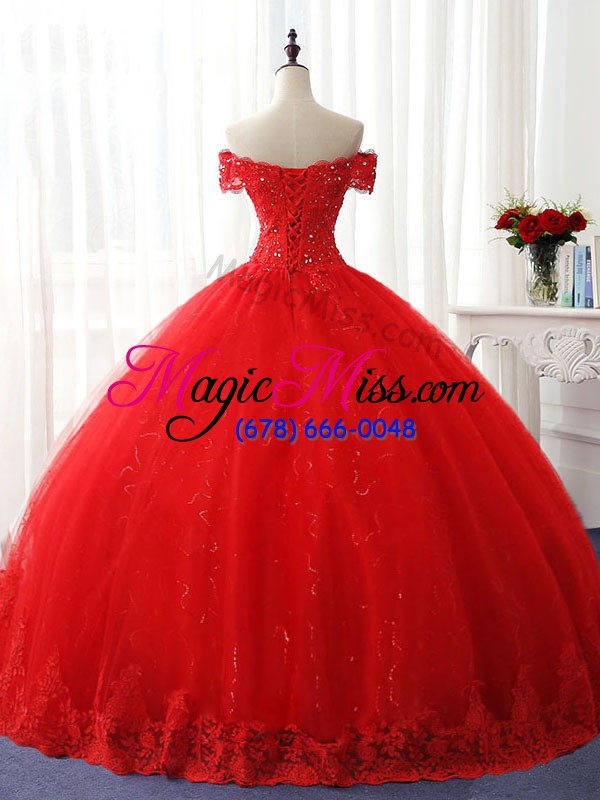 wholesale fashion off the shoulder sleeveless lace up sweet 16 quinceanera dress red tulle