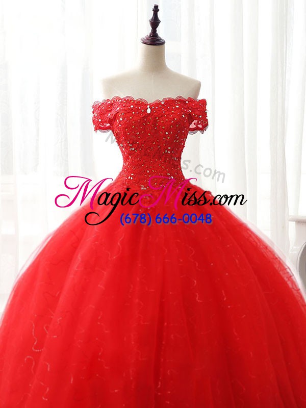 wholesale fashion off the shoulder sleeveless lace up sweet 16 quinceanera dress red tulle