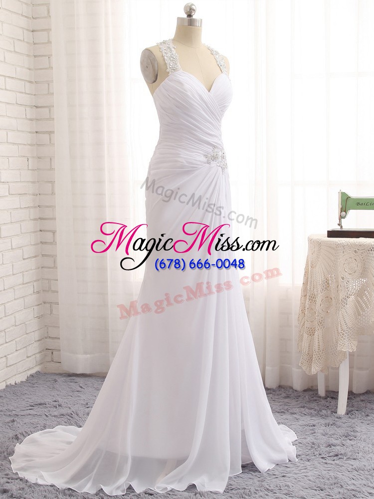 wholesale smart straps sleeveless wedding dresses brush train beading and ruching white chiffon