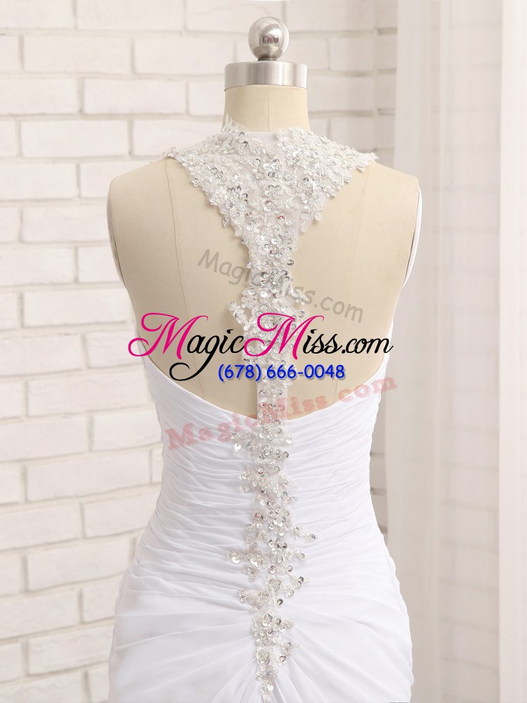 wholesale smart straps sleeveless wedding dresses brush train beading and ruching white chiffon