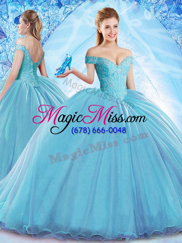 wholesale baby blue sweet 16 quinceanera dress organza sweep train sleeveless beading