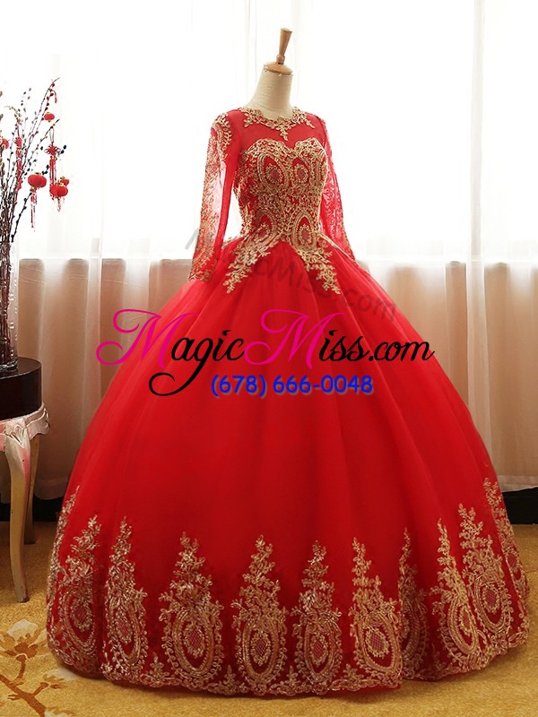 wholesale super red long sleeves appliques floor length quinceanera dress