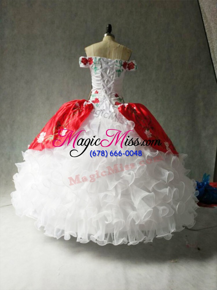 wholesale wonderful multi-color ball gowns off the shoulder cap sleeves organza floor length lace up embroidery and ruffles quinceanera gowns