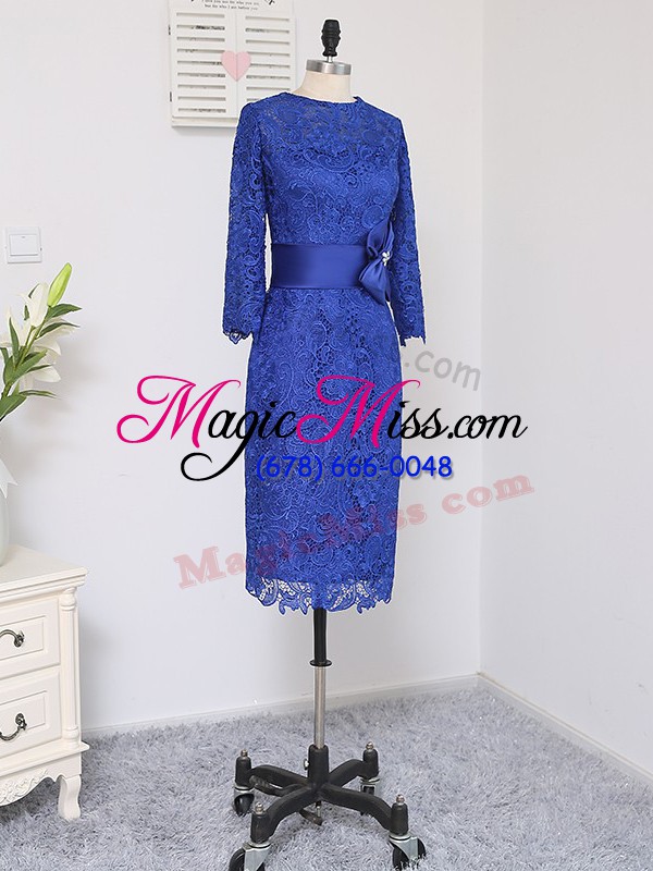 wholesale royal blue column/sheath scoop long sleeves lace knee length zipper lace and appliques and belt mother of the bride dress