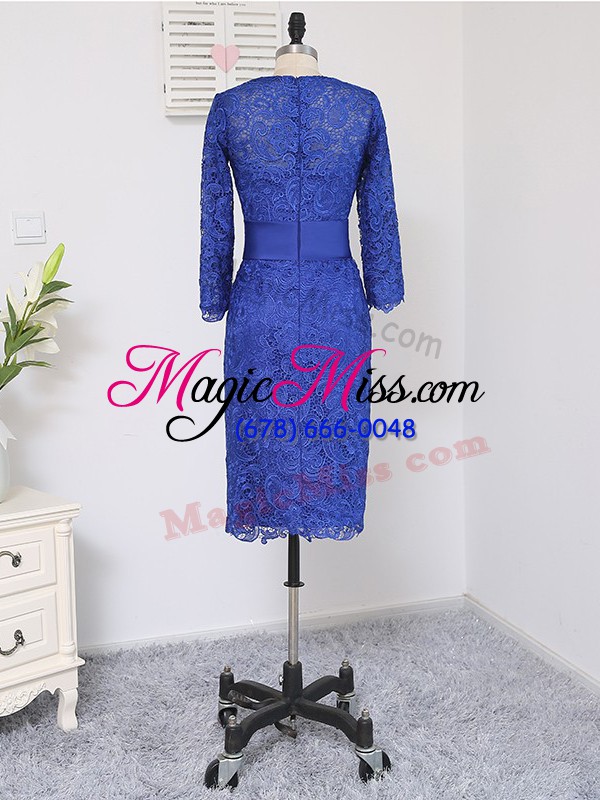 wholesale royal blue column/sheath scoop long sleeves lace knee length zipper lace and appliques and belt mother of the bride dress