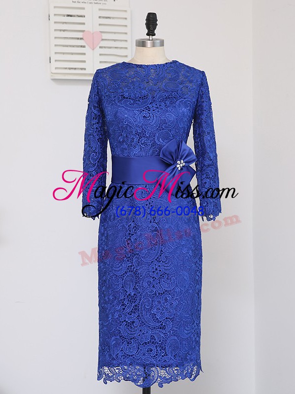 wholesale royal blue column/sheath scoop long sleeves lace knee length zipper lace and appliques and belt mother of the bride dress