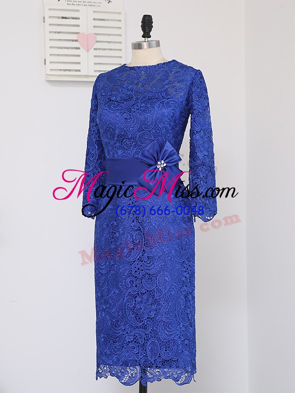 wholesale royal blue column/sheath scoop long sleeves lace knee length zipper lace and appliques and belt mother of the bride dress