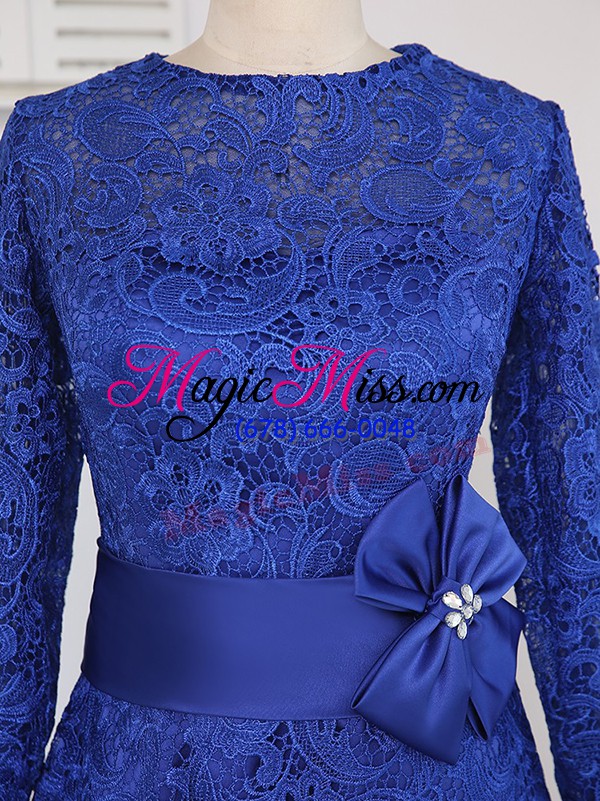 wholesale royal blue column/sheath scoop long sleeves lace knee length zipper lace and appliques and belt mother of the bride dress