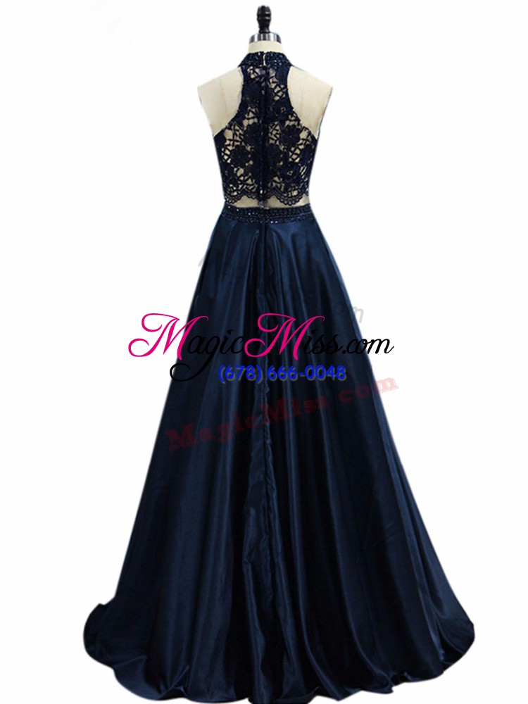 wholesale exquisite two pieces homecoming dress navy blue halter top taffeta sleeveless floor length zipper